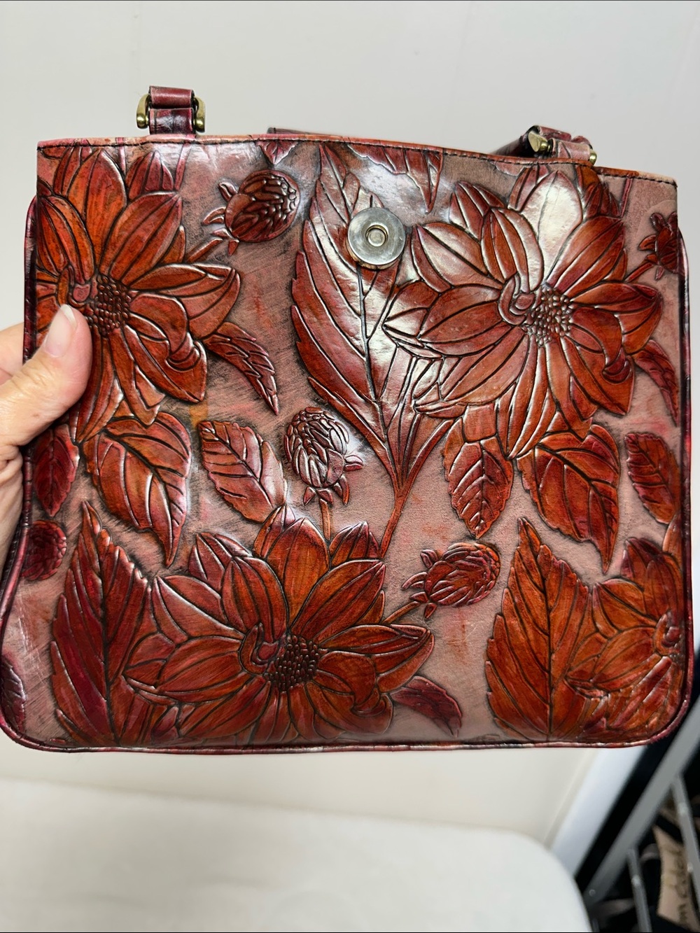 Rare vintage Embossed Brahmin Burgundy Floral Embossed Leather Satchel - Picture 11 of 13